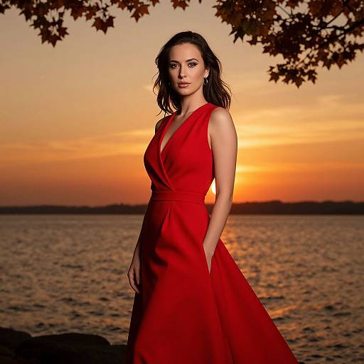 Elegant Woman in Red Dress by Waterfront at Sunset