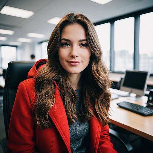 Confident Young Woman in Red Coat in Modern Office Setting