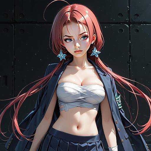 Anime Style Illustration of Pink-Haired Woman in Blue Blazer and Bandeau Top