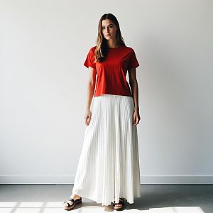 Woman in Red T-Shirt and White Maxi Skirt