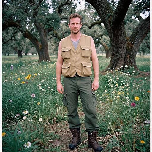 Man in Outdoor Adventure Gear Standing in Wildflower Meadow