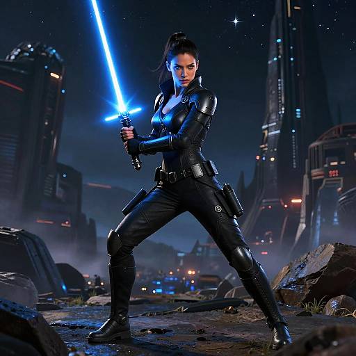 Female Warrior with Blue Lightsaber in Futuristic Cityscape Sci-Fi Scene