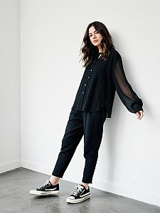 Woman in Contemporary Casual Black Layered Sheer Sleeve Blouse and Pants