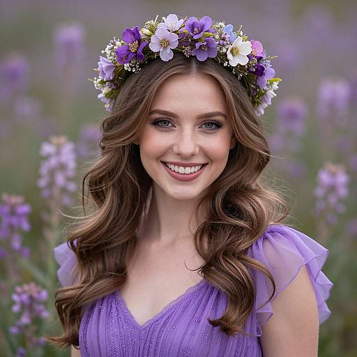 Young Woman with Flower Crown and Lavender Dress in Blooming Field