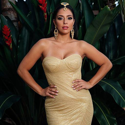 Elegant Woman in Gold Strapless Dress with Tropical Background