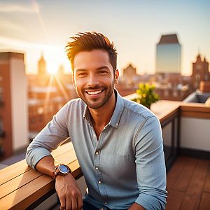 Smiling man outdoors on rooftop at sunset