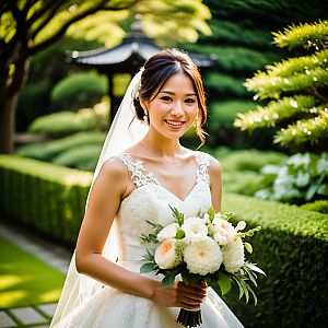 Radiant Bride in Garden with Bouquet