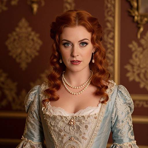Red-Haired Woman in 18th Century Lace Gown with Pearls