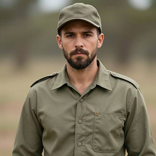Portrait of Bearded Man in Olive Green Military Shirt and Cap Outdoors