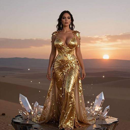 Woman in Elegant Gold Dress in Desert at Sunset with Crystals