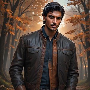 Young Man in Leather Jacket in Autumn Forest