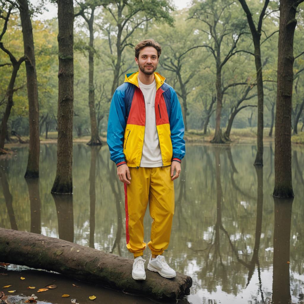 Man on Tree Trunk in Flooded Woodland