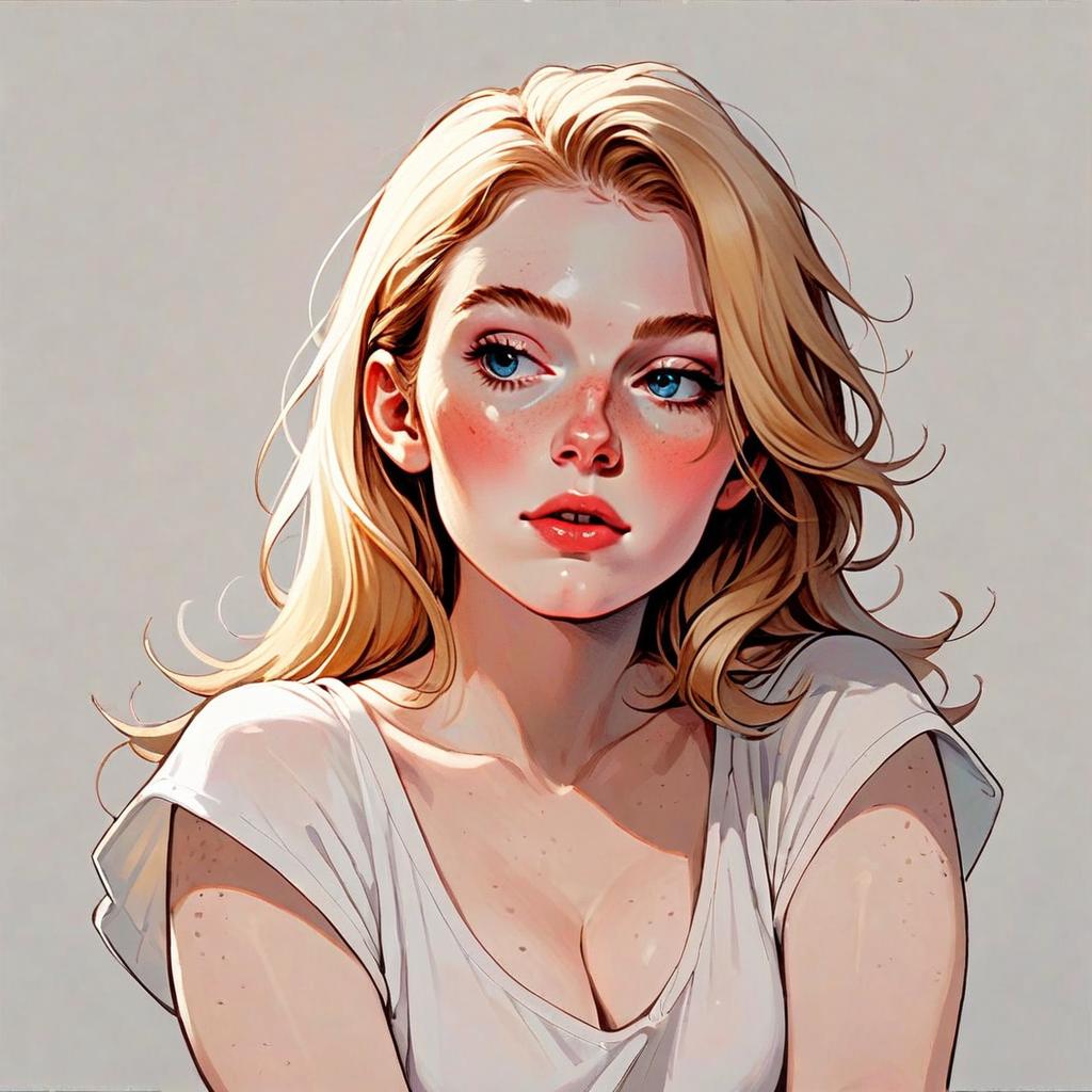 Digital Illustration of Blonde Woman with Blue Eyes in White Top
