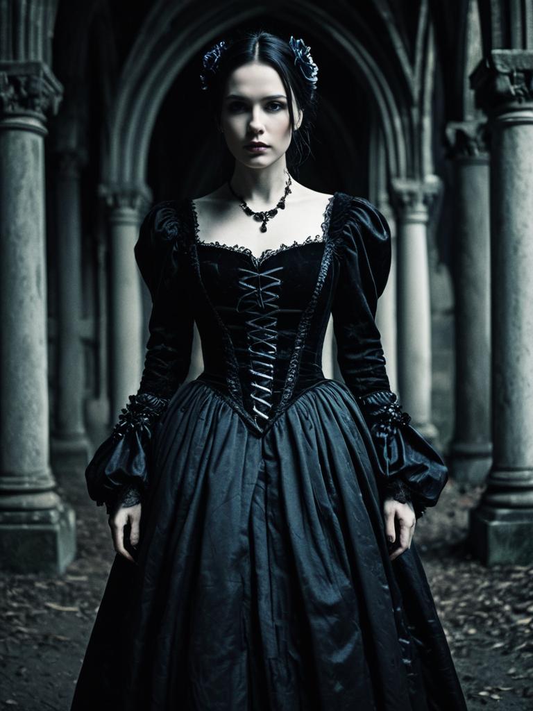 Woman in Gothic Gown Cinematic Realism Moody Editorial Fashion Shot
