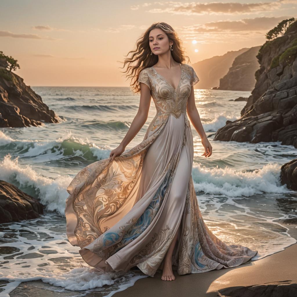 Woman in Elegant Dress on Beach at Sunset