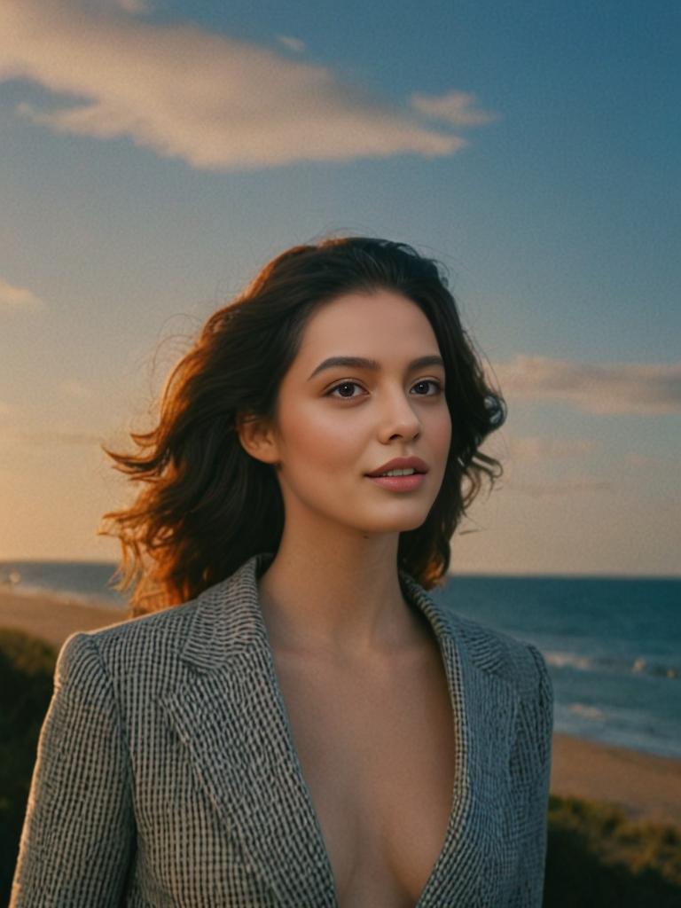 Confident Woman in Blazer at Beach Sunset