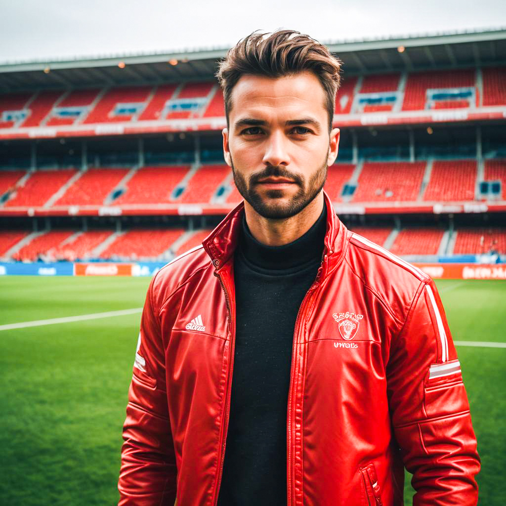 Stylish Man in Red Jacket on Soccer Field