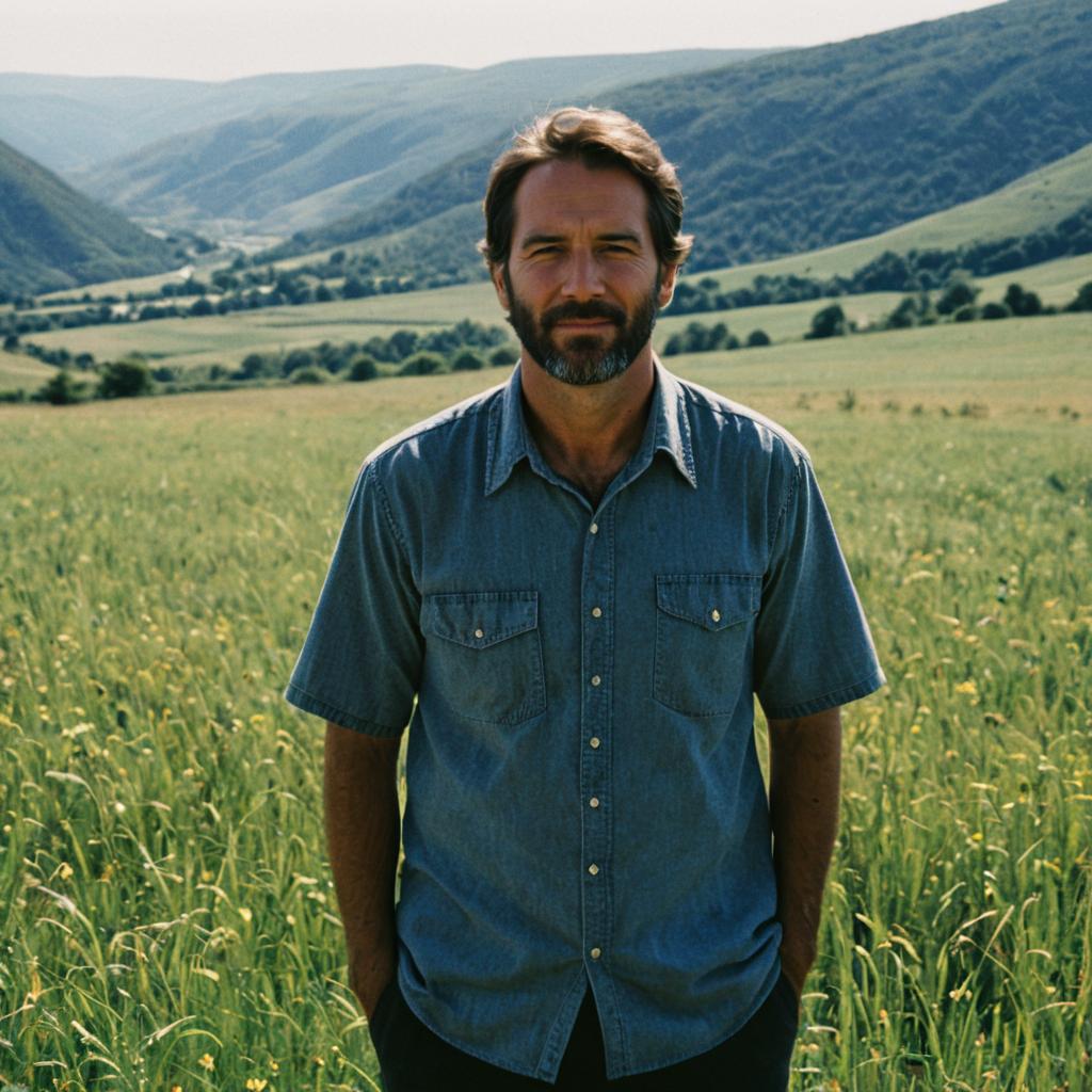 Man Standing in Field Wearing Medium Size Shirt with Valley View