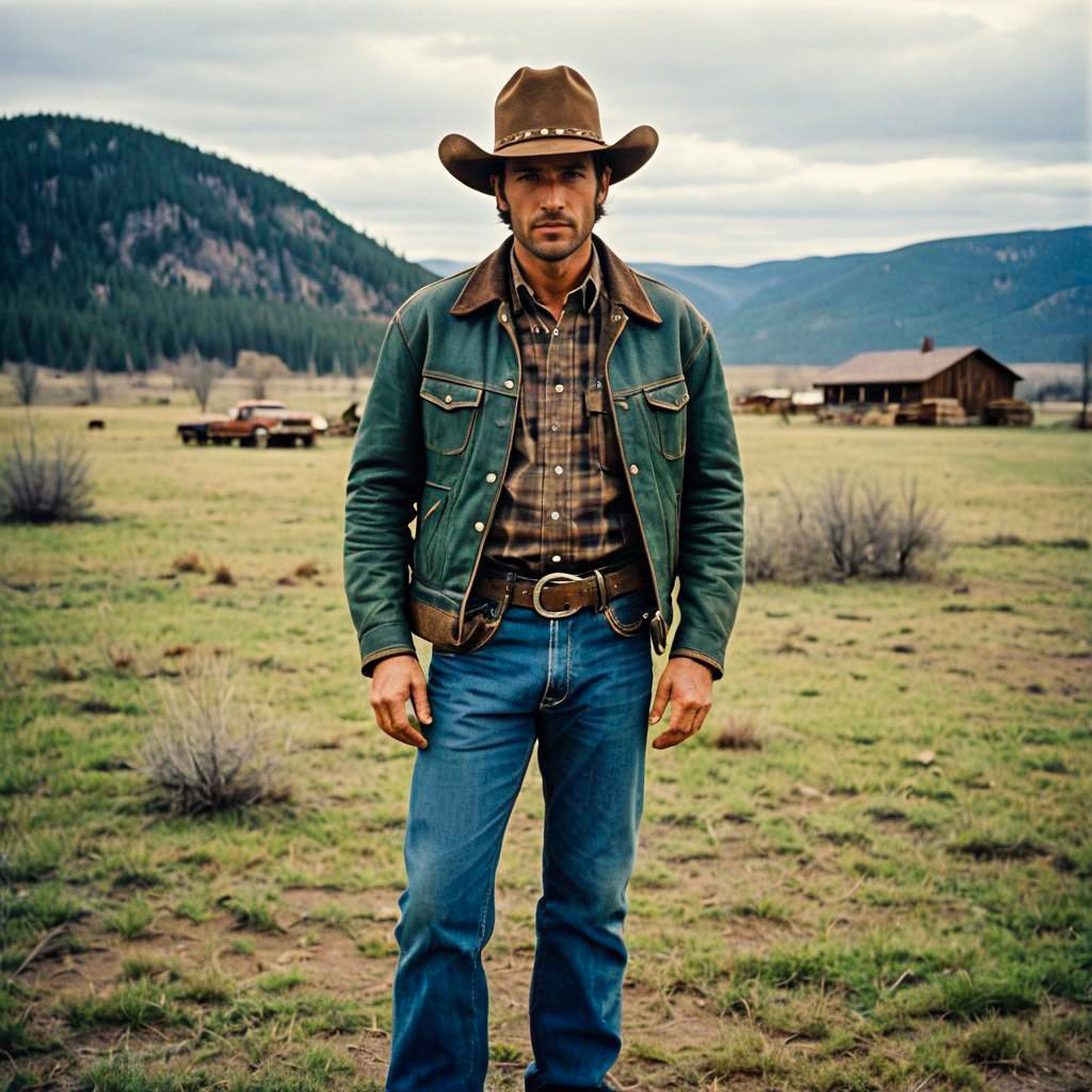 Rugged Cowboy in Western Attire Standing in Mountainous Ranch Landscape