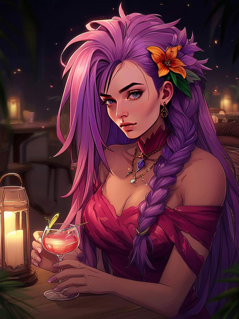 Woman with Purple Hair in Red Dress Holding Cocktail Woman with Purple Hair in Red Dress Holding Cocktail