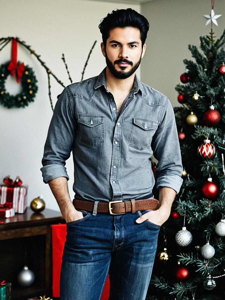 Man in Casual Grey Shirt and Jeans Christmas Party Outfit by Tree
