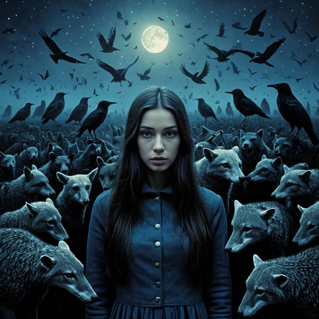 Mystical Woman Surrounded by Wolves and Crows Under Full Moon