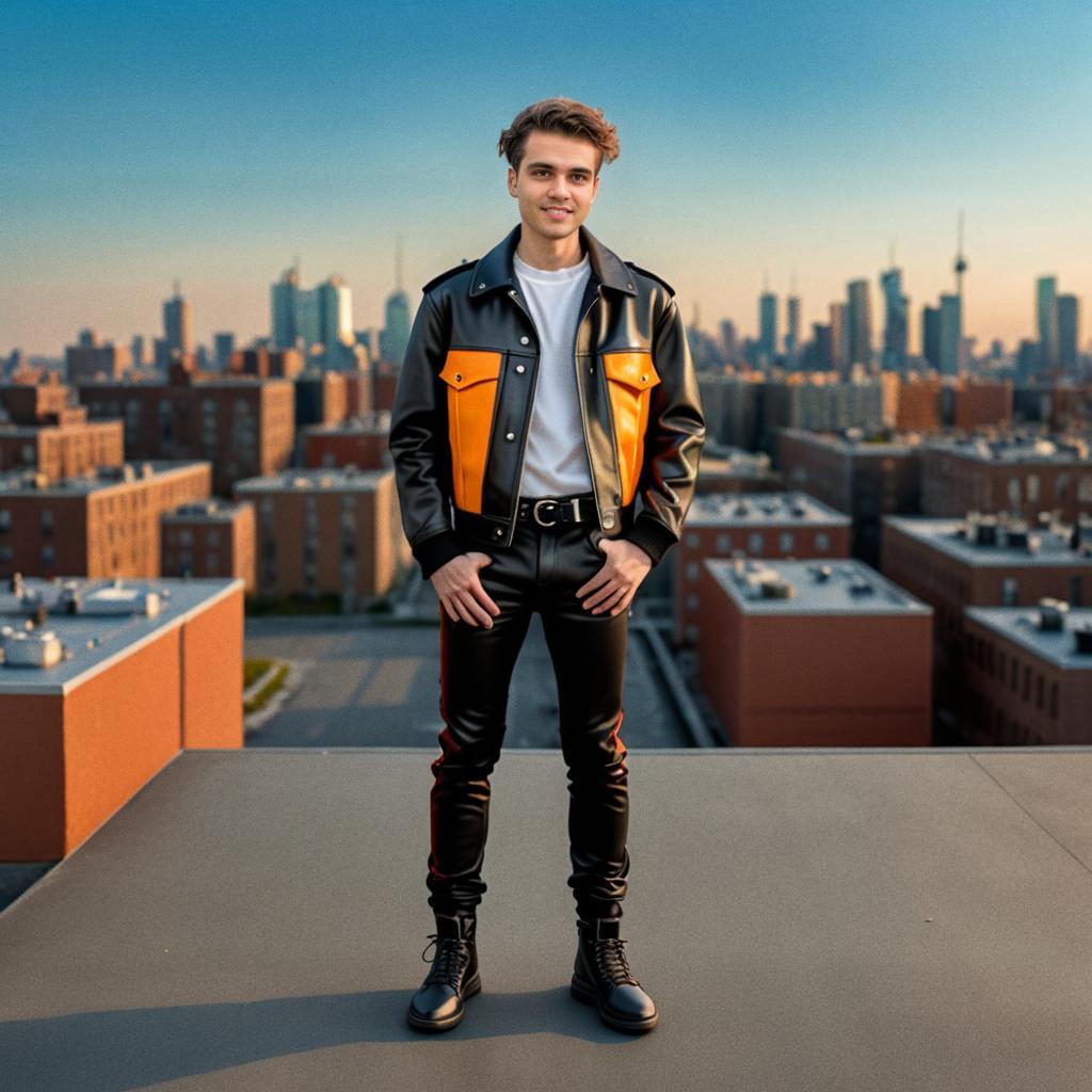 Stylish Young Man on Rooftop with City Skyline