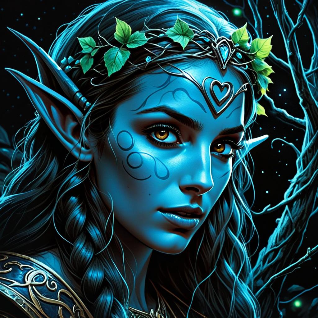 Mystical Blue Elf Woman Fantasy Digital Art Portrait