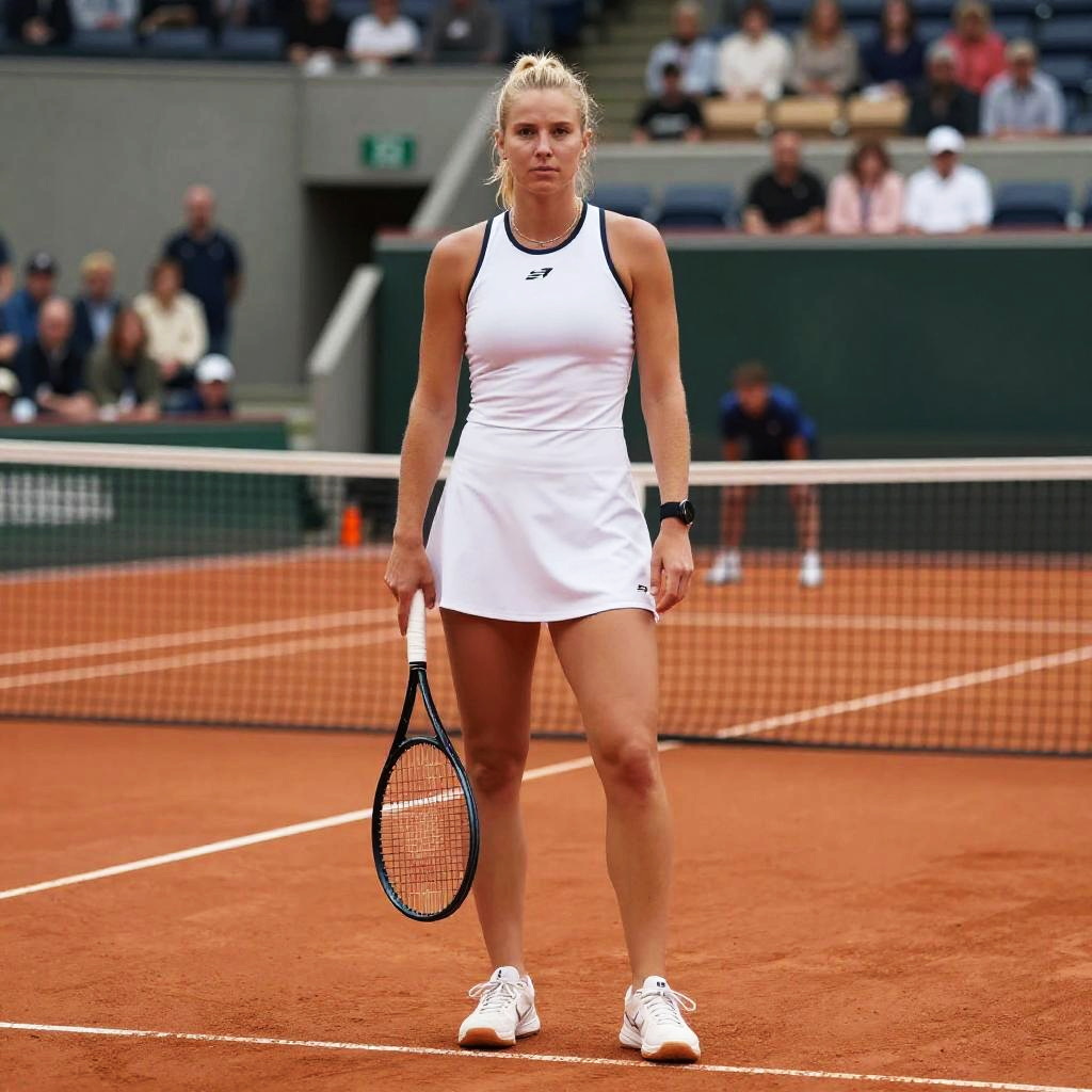 Female Tennis Player on Clay Court in White Sportswear