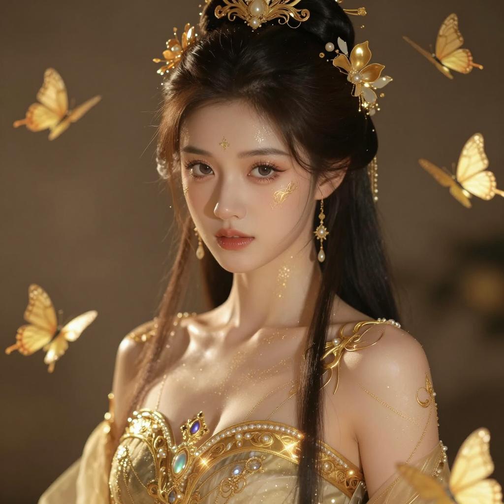 Elegant Fantasy Woman in Golden Costume with Butterflies