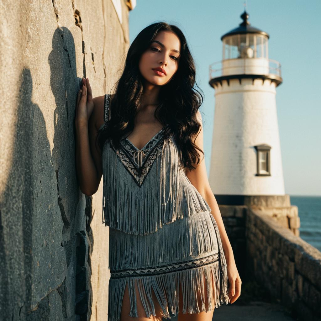 Woman in Grey Fringed Dress by Lighthouse at Sunset