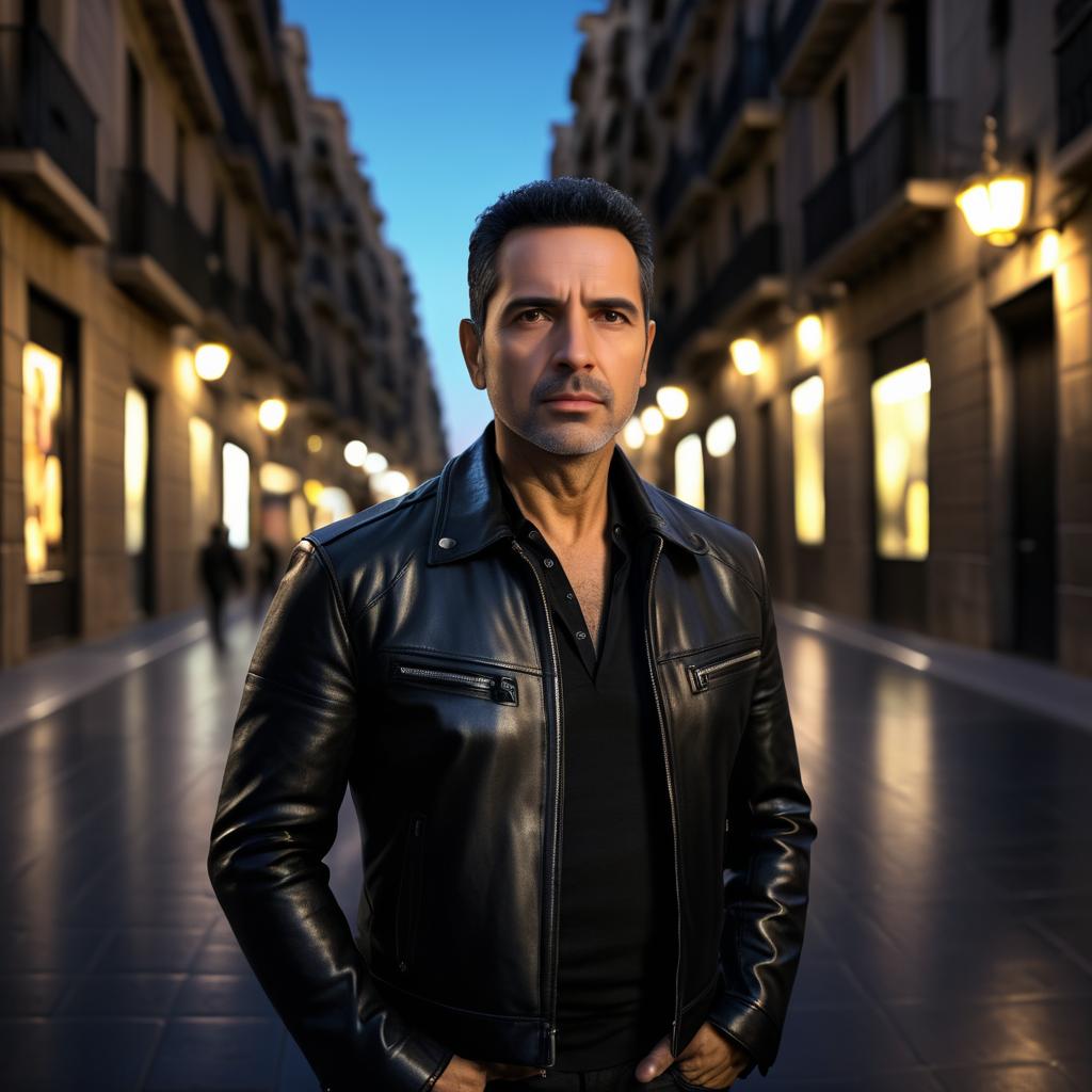 Confident man in black leather jacket on urban street