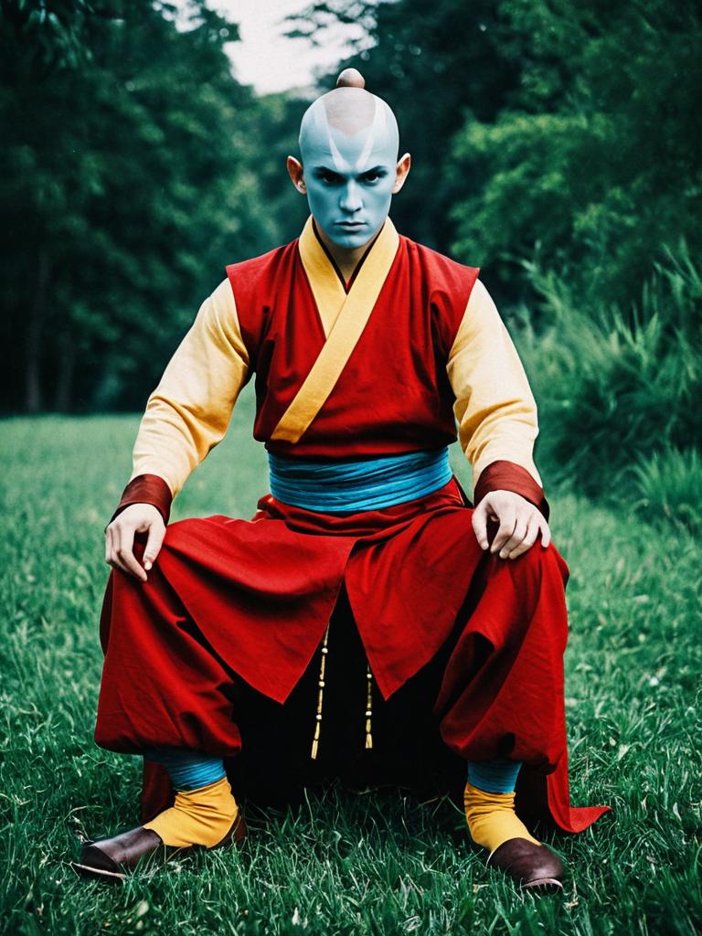 Realistic Man Cosplay Aang Costume Sitting Outdoors