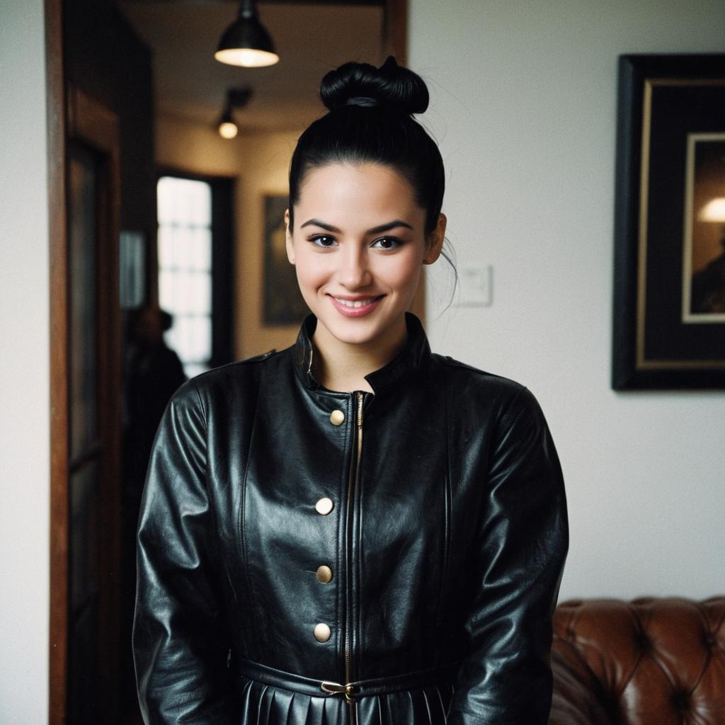 Confident Woman in Black Leather Dress