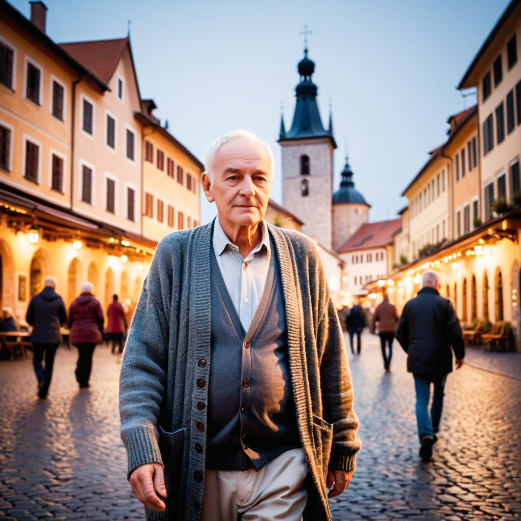 Elderly man strolling in a quaint historic town