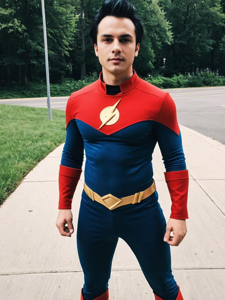 Realistic Flash Cosplay Costume on Man Outdoors