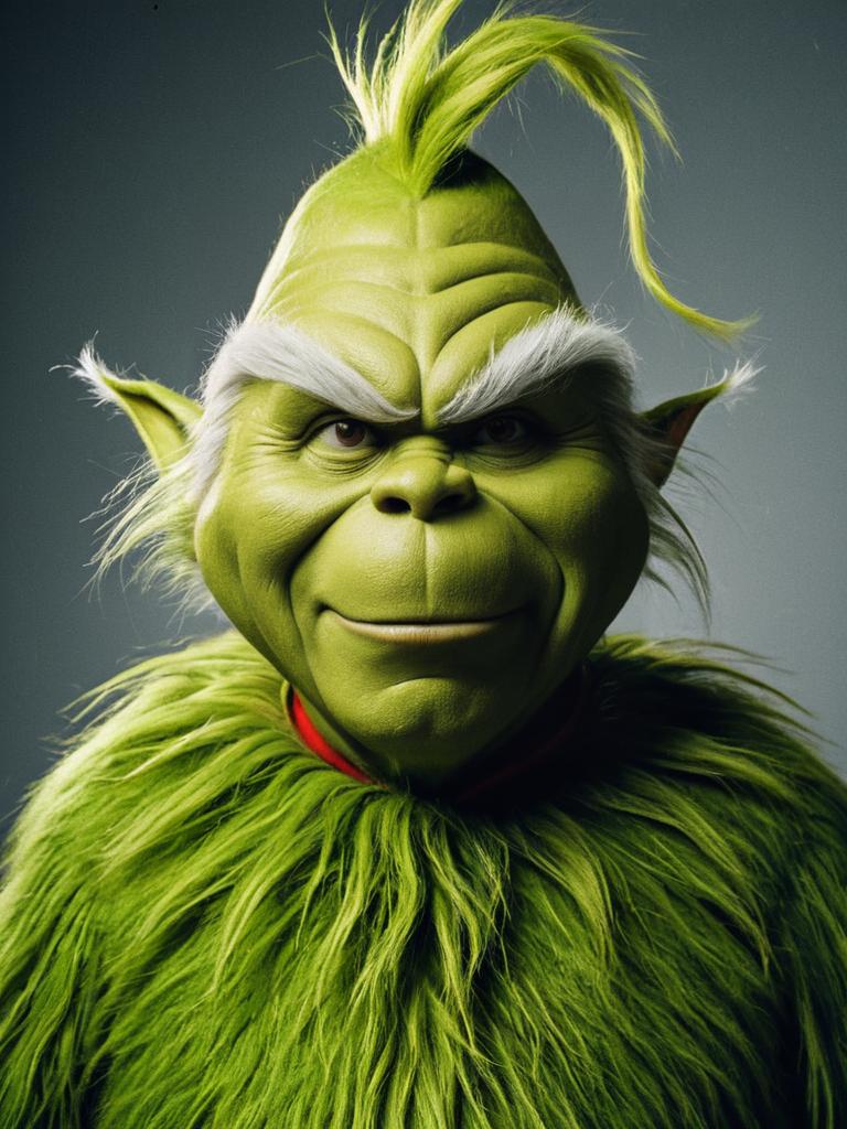 Man Wearing Detailed Grinch Costume with Green Fur and Facial Prosthetics