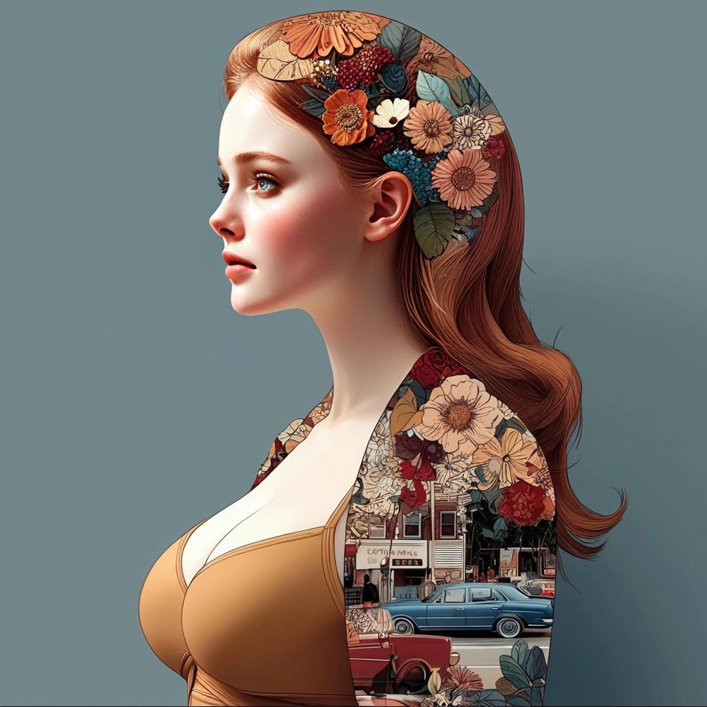 Artistic Digital Portrait of Woman with Floral and Vintage Cityscape Elements