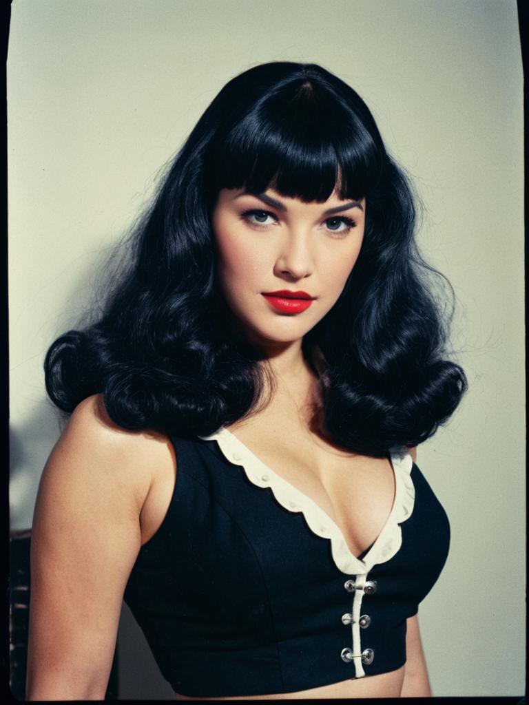 Photorealistic Cosplay Woman in Bettie Page Bangs Hairstyle and Vintage Costume