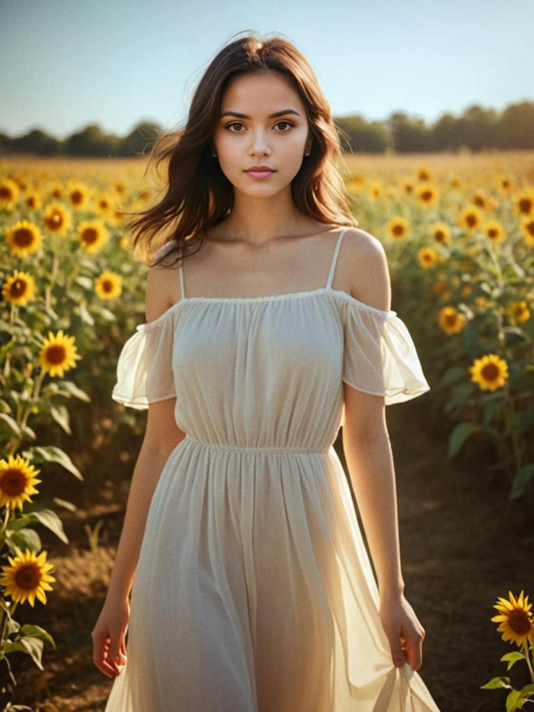 Young Woman in Sunflower Field