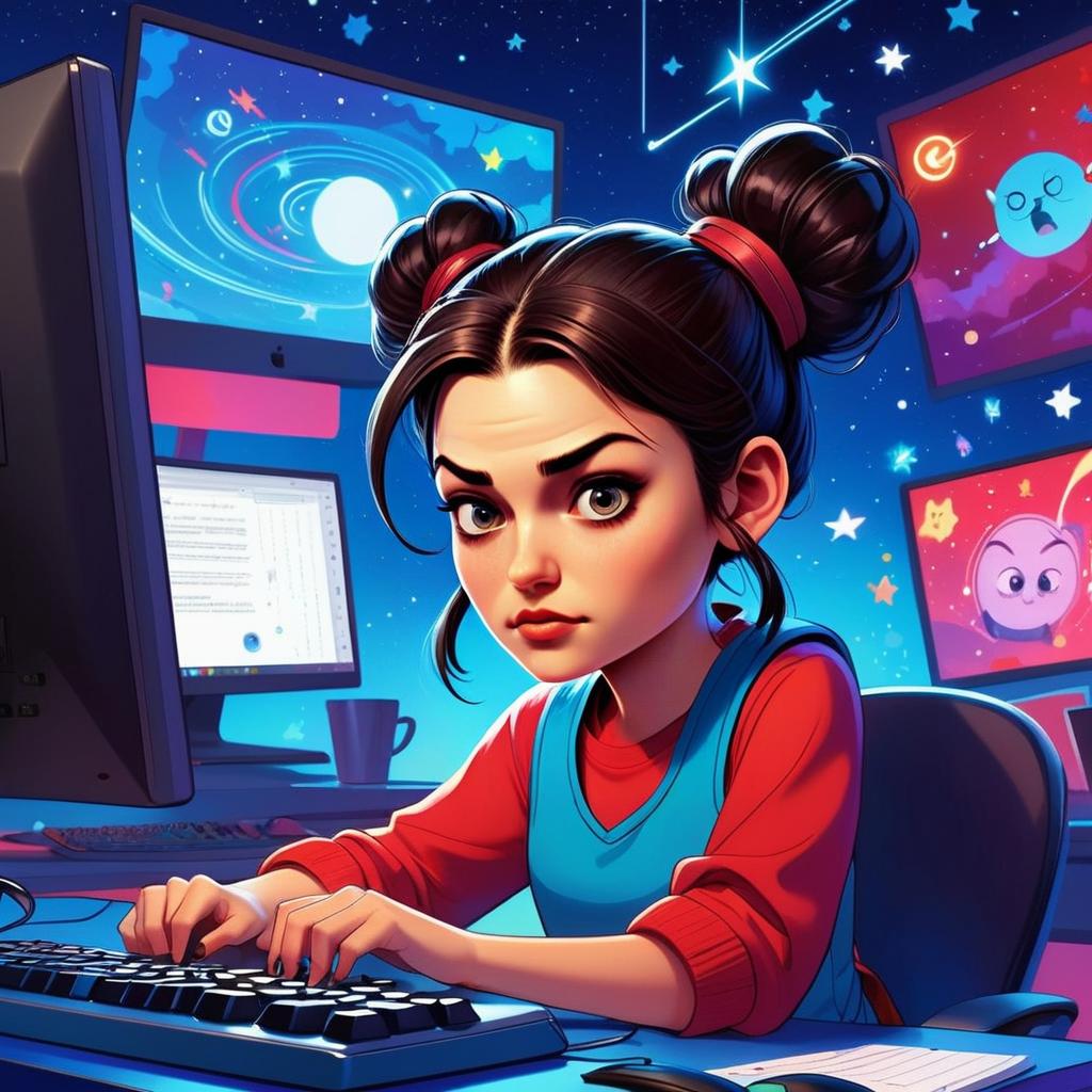 Focused young woman with dark hair working at colorful space-themed monitors