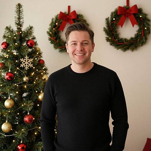 Smiling Man Next to Christmas Tree with Holiday Wreaths
