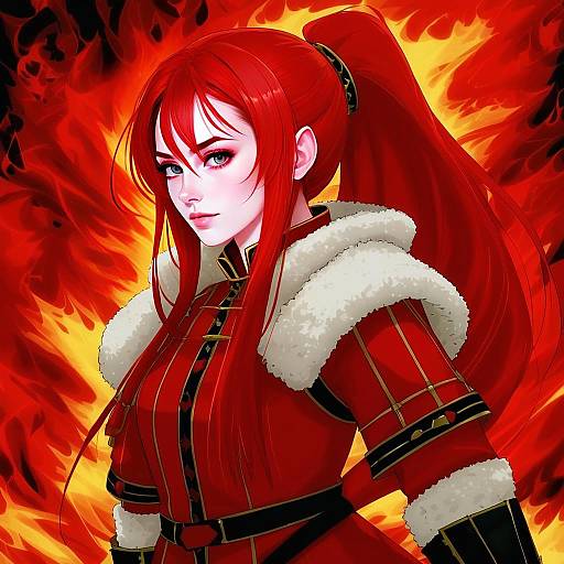 Fire Emblem Style Red-Haired Woman in Fiery Digital Anime Artwork