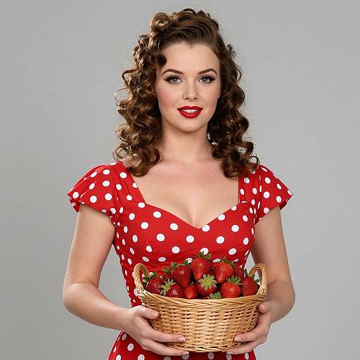Vintage Style Woman in Red Polka Dot Dress Holding Basket of Strawberries