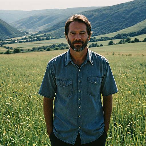 Man Standing in Field Wearing Medium Size Shirt with Valley View