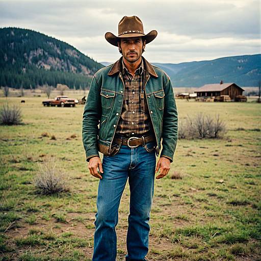 Rugged Cowboy in Western Attire Standing in Mountainous Ranch Landscape