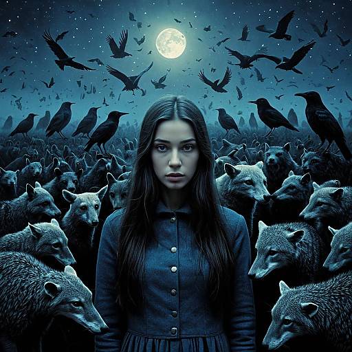 Mystical Woman Surrounded by Wolves and Crows Under Full Moon