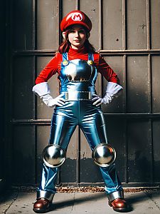 Woman in Realistic Metal Mario Cosplay Costume