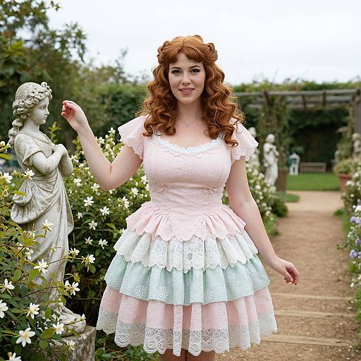 Woman in Pastel Tiered Lace Dress Poses in Romantic Garden