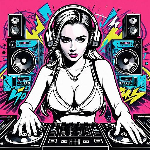 Pop Art Woman DJ Mixing Music with Headphones and Turntables